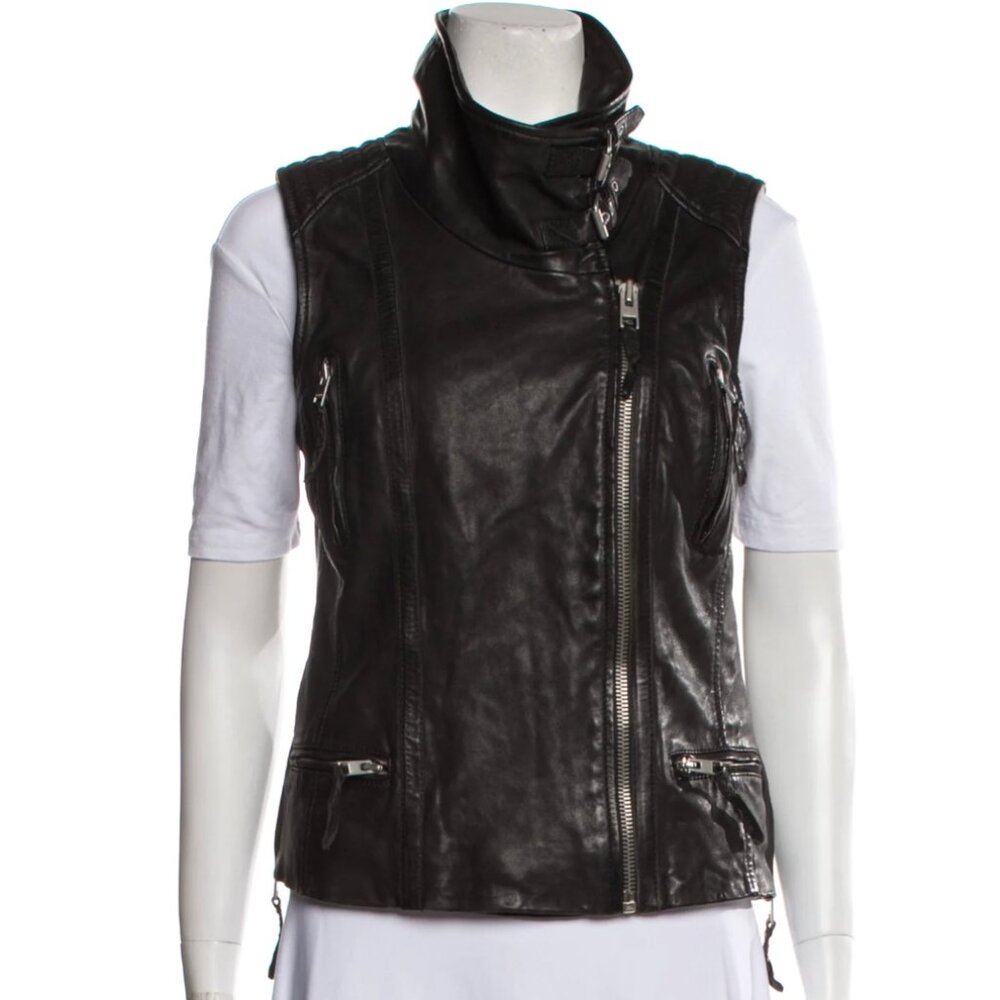 AllSaints Lamb Leather Biker Moto Jacket Sleeveless Vest Quilted Collar Vents
